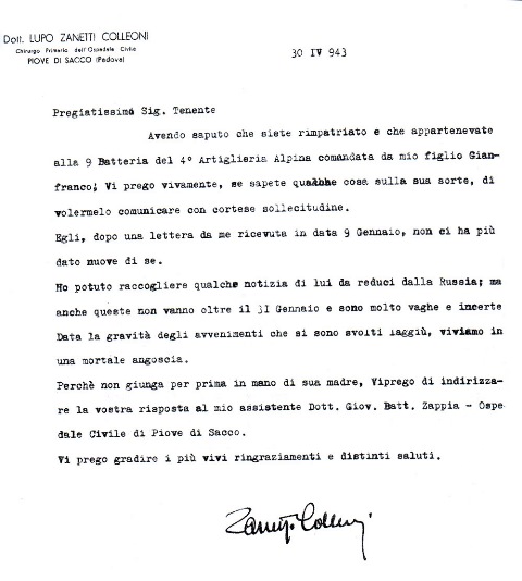 Lettera Capitano Zanetti Colleoni